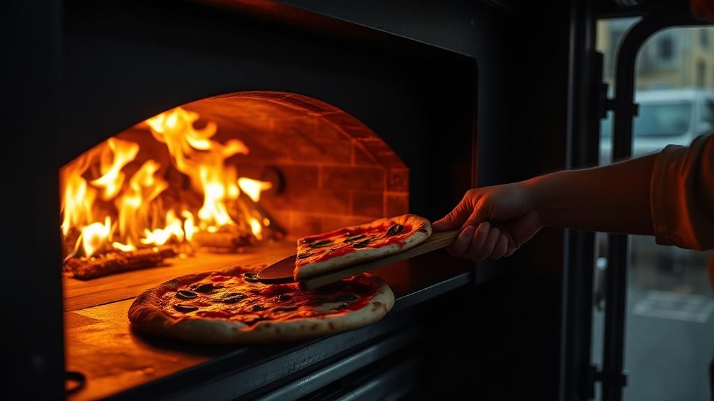 Pizza wird im Foodtruck im Ofen gebacken